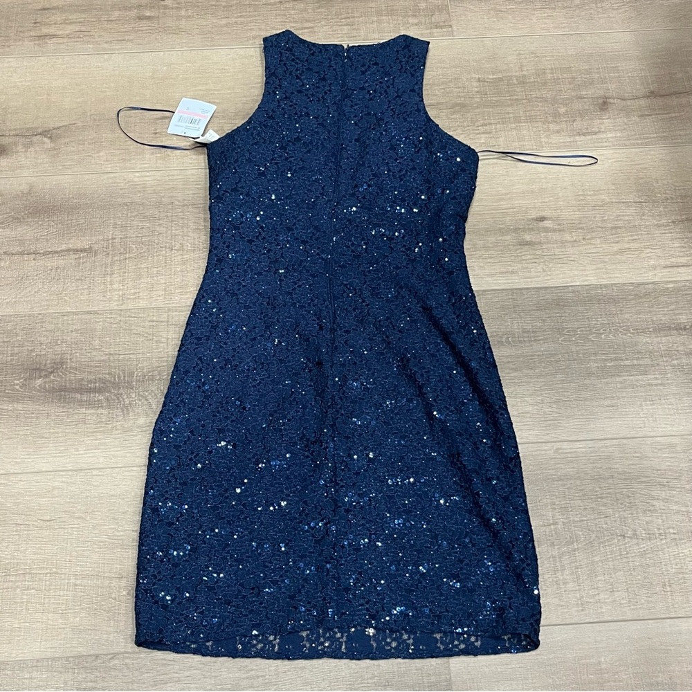Nightway Dark Blue Sequin Dress 34” Illusion Net Neckline Lined Formal Wedding - Picture 13 of 14